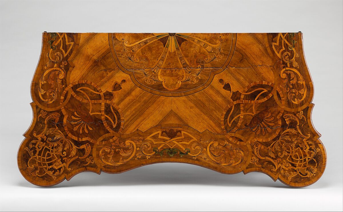 Card table, Carved walnut frame; pine top with marquetry of walnut, figured walnut, boxwood, alder burl, birch, olive wood, plum, padauk wood, yew, green-stained poplar, and other marquetry woods; lined with modern velvet; iron fittings, German, Bamberg
