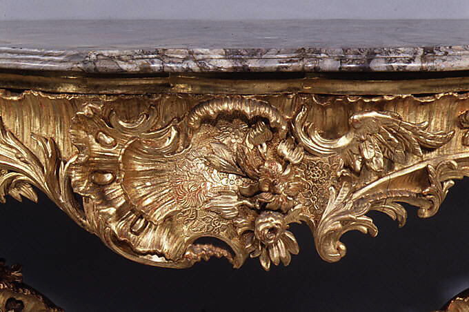 Console table (one of a pair), Carved and gilded limewood; marble top, German