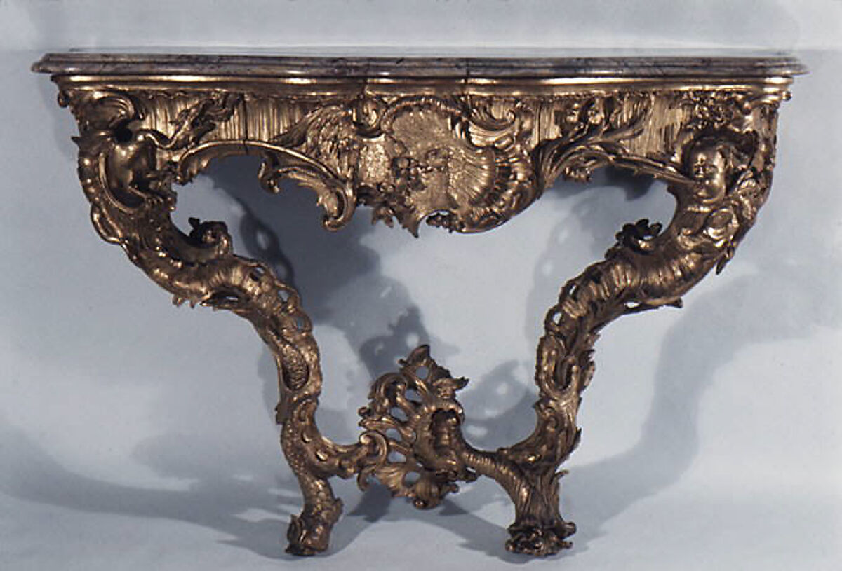 Console table (one of a pair), Carved and gilded limewood; marble top, German