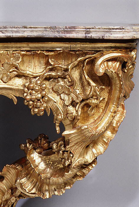 Console table (one of a pair), Carved and gilded limewood; marble top, German