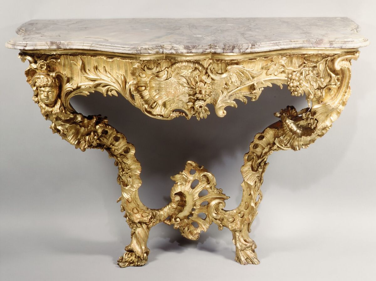 Console table (one of a pair), Carved and gilded limewood; marble top, German 