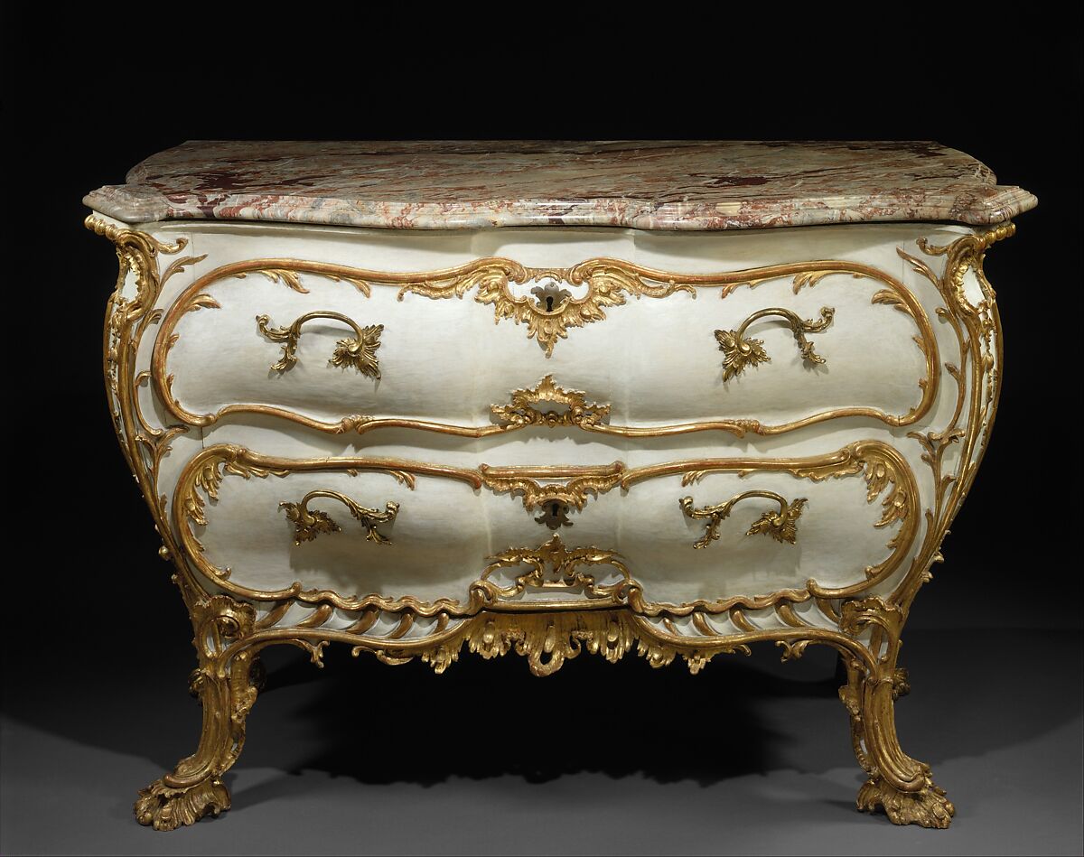 Commode, Carved, painted, and gilded pine; gilt-bronze; marble top, German, Franconia 