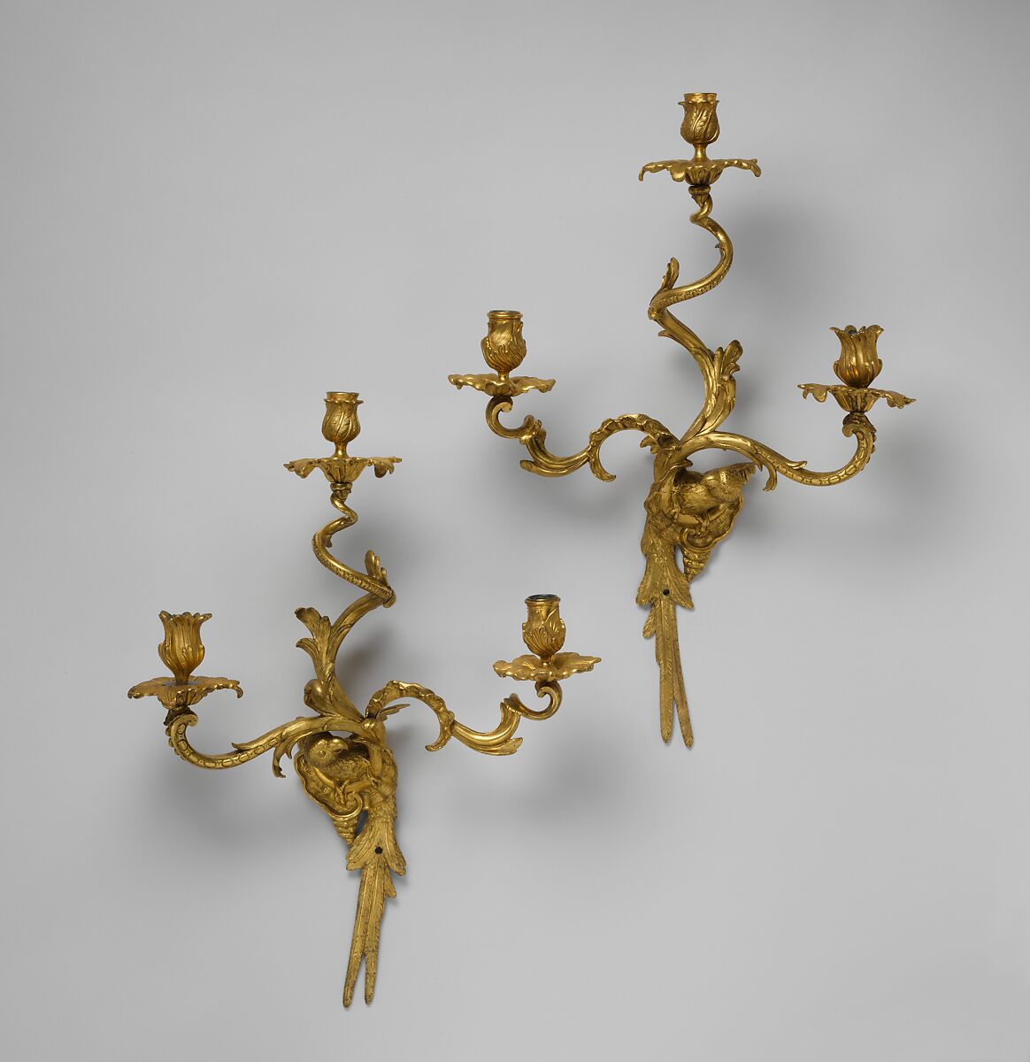 Set of four three-light wall brackets, Design attributed to Charles Cressent (French, Amiens 1685–1768 Paris), Gilt bronze, French 