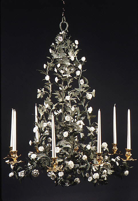 Eight-light chandelier, Porcelain possibly by Vincennes Manufactory (French, ca. 1740–1756), Painted iron, soft-paste porcelain, gilt bronze, probably German assembled with French porcelain 