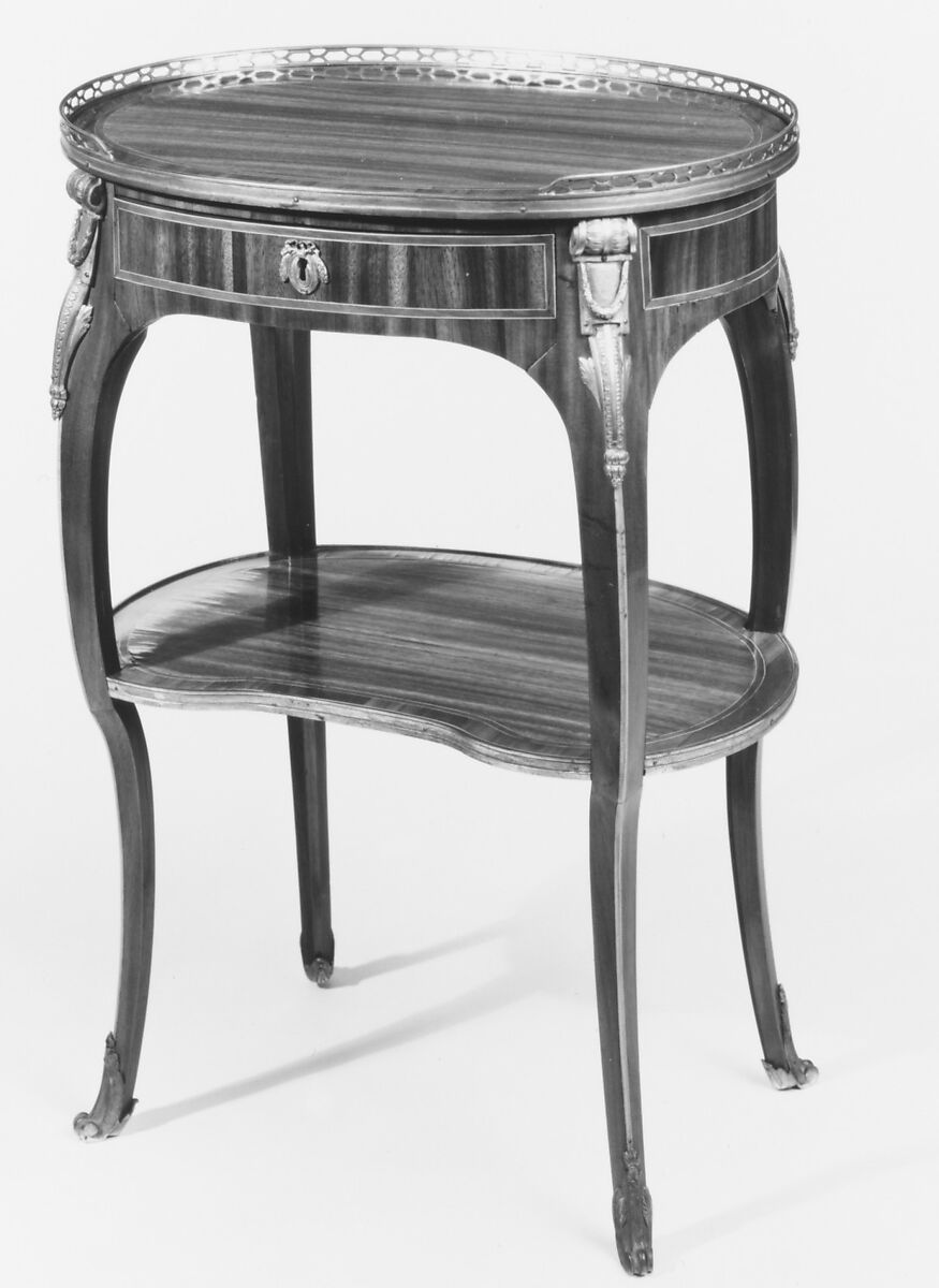Small oval writing table (one of a pair), Roger Vandercruse, called Lacroix (French, 1727–1799), Oak veneered with satiné wood, tulipwood; leather; gilt bronze, French, Paris