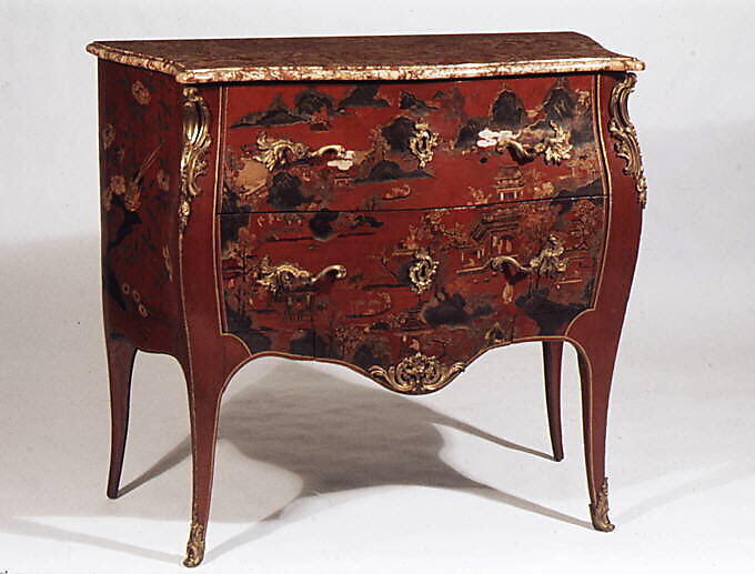 Small commode, Red painted wood and Chinese lacquer, gilt bronze, marble, French, Paris 