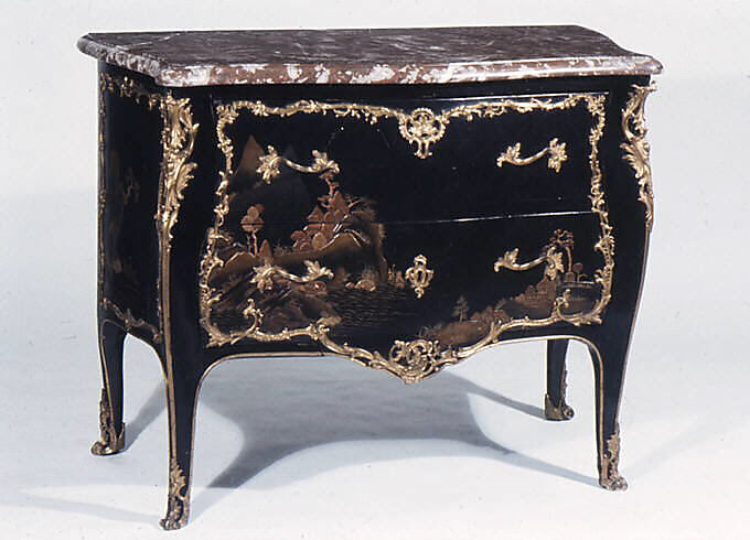 Commode, Martin Criaerd (French, 1689–1776), Oak veneered with ebonized and lacquered wood; gilt bronze; Rance marble, French, Paris 