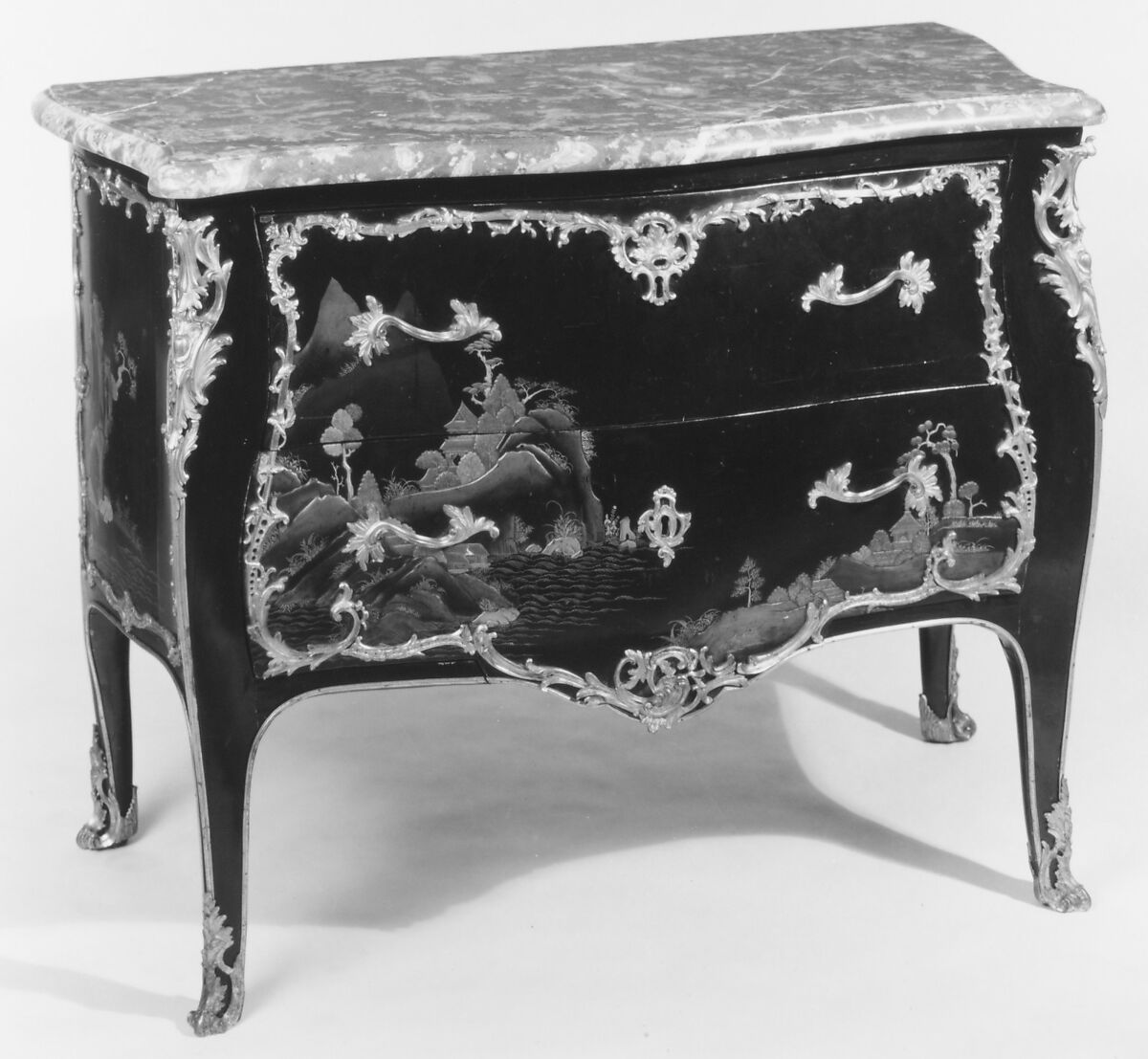 Commode, Martin Criaerd (French, 1689–1776), Oak veneered with ebonized and lacquered wood; gilt bronze; Rance marble, French, Paris