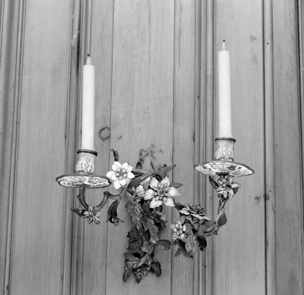 Pair of two-light wall brackets, Gilded and painted bronze, painted enamel, Austrian 