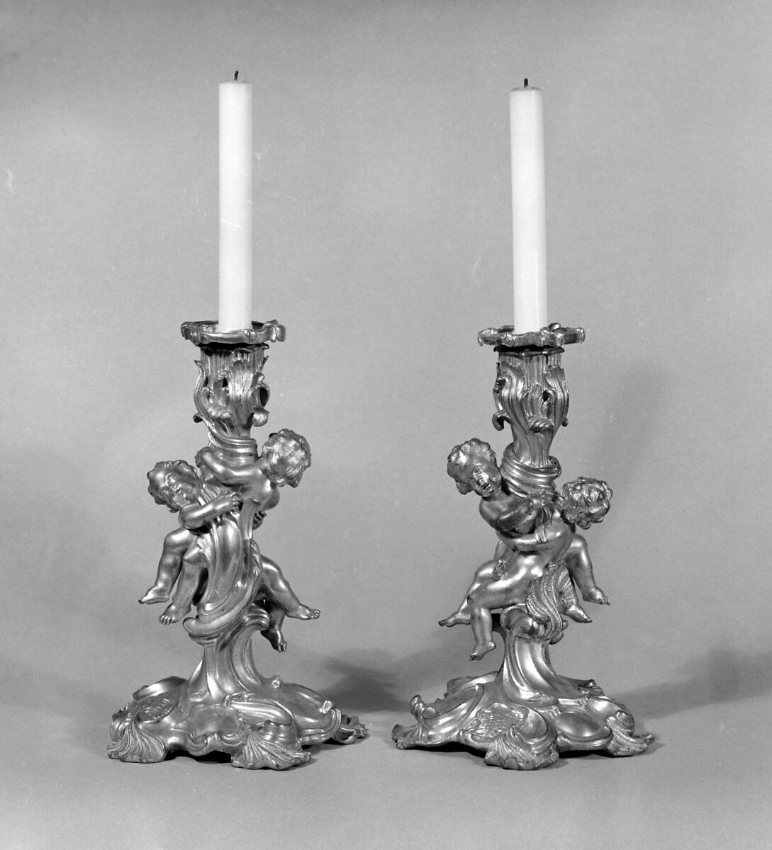 Pair of candlesticks, Attributed to Juste Aurèle Meissonnier (French, Turin 1695–1750 Paris), Gilt bronze, French