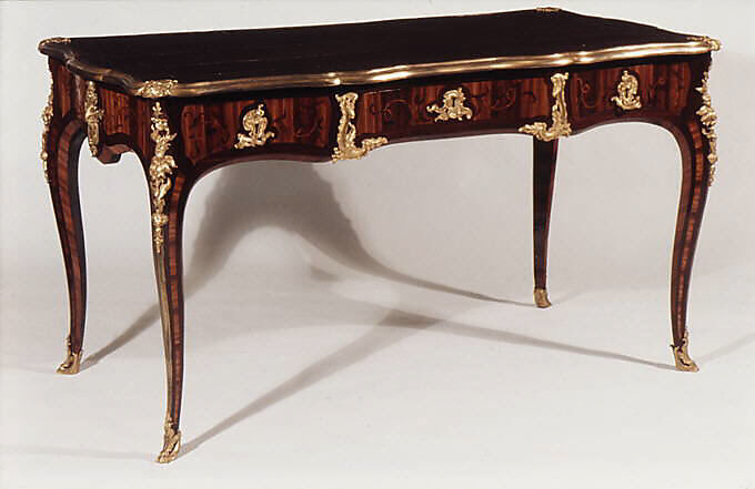 Writing table (bureau plat), Bernard II van Risenburgh (ca. 1696–ca. 1767), Satiné wood, purplewood and kingwood, gilt bronze, leather, French, Paris 