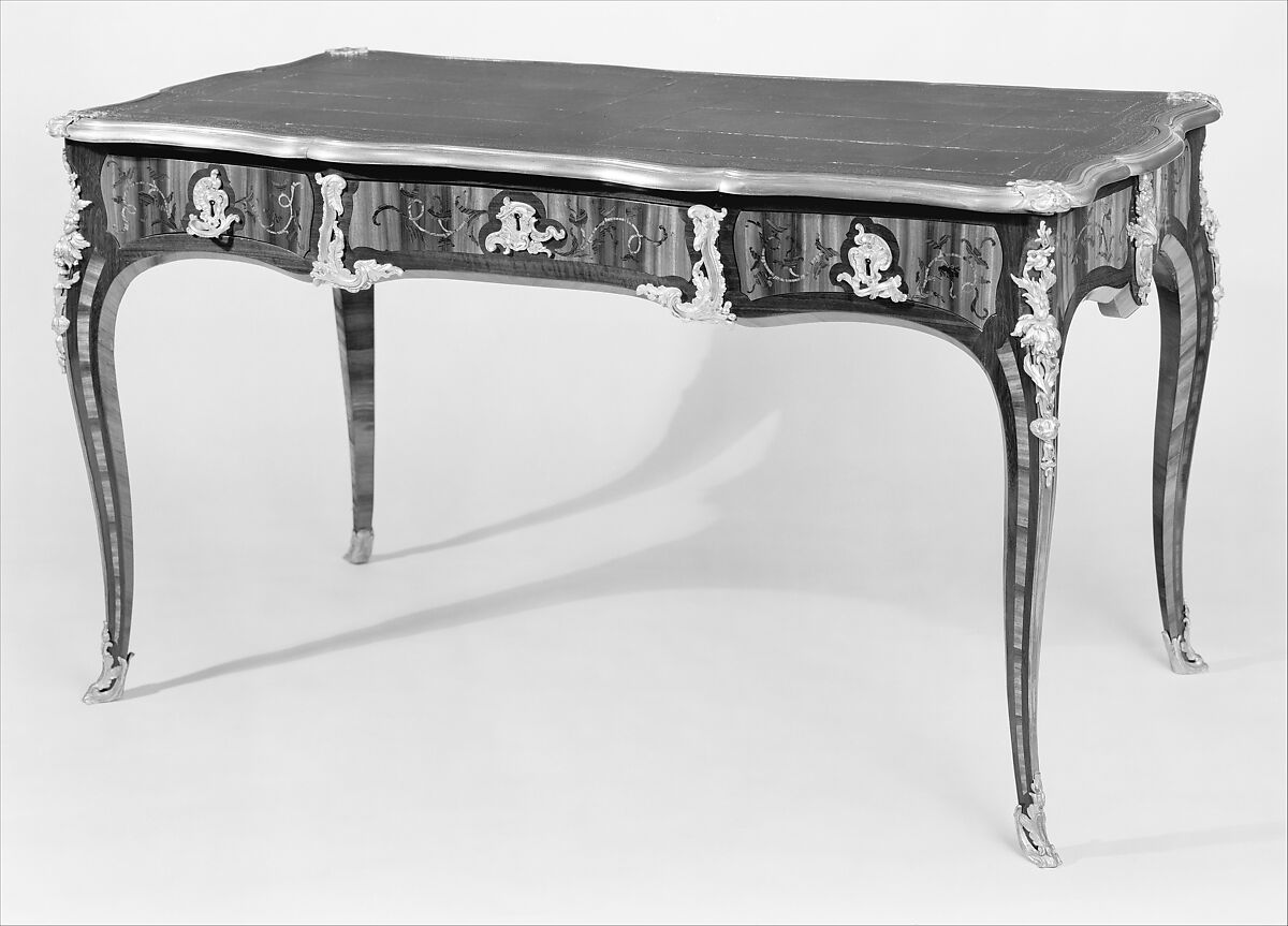 Writing table (bureau plat), Bernard II van Risenburgh (ca. 1696–ca. 1767), Satiné wood, purplewood and kingwood, gilt bronze, leather, French, Paris