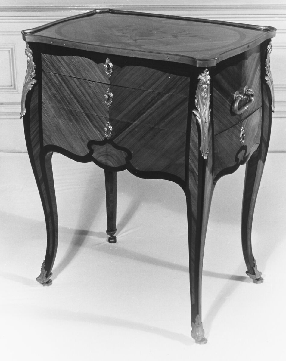 Rectangular table, Bernard II van Risenburgh (ca. 1696–ca. 1767), Tulipwood, purplewood and kingwood, gilt bronze, leather, brass, French, Paris 