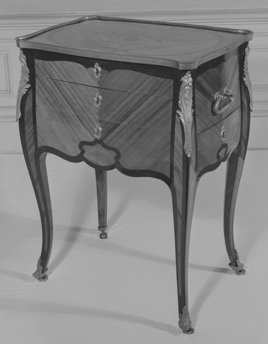 Rectangular table, Bernard II van Risenburgh (ca. 1696–ca. 1767), Tulipwood, purplewood and kingwood, gilt bronze, leather, brass, French, Paris