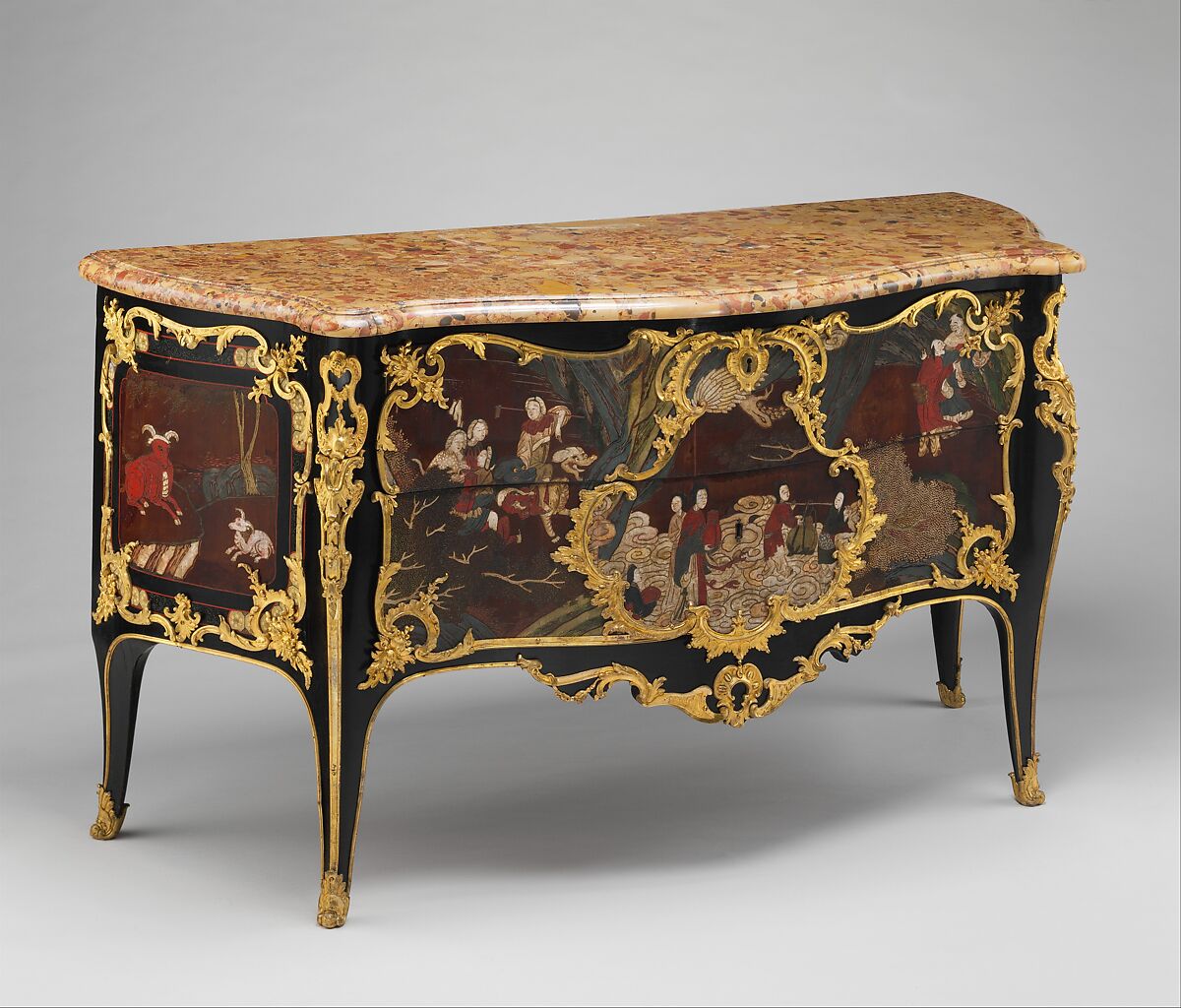 Commode, Bernard II van Risenburgh (ca. 1696–ca. 1767), Oak veneered with panels of Chinese Coromandel lacquer and European black-lacquered veneer; gilt-bronze mounts; brèche d'Alep marble top, French, Paris 