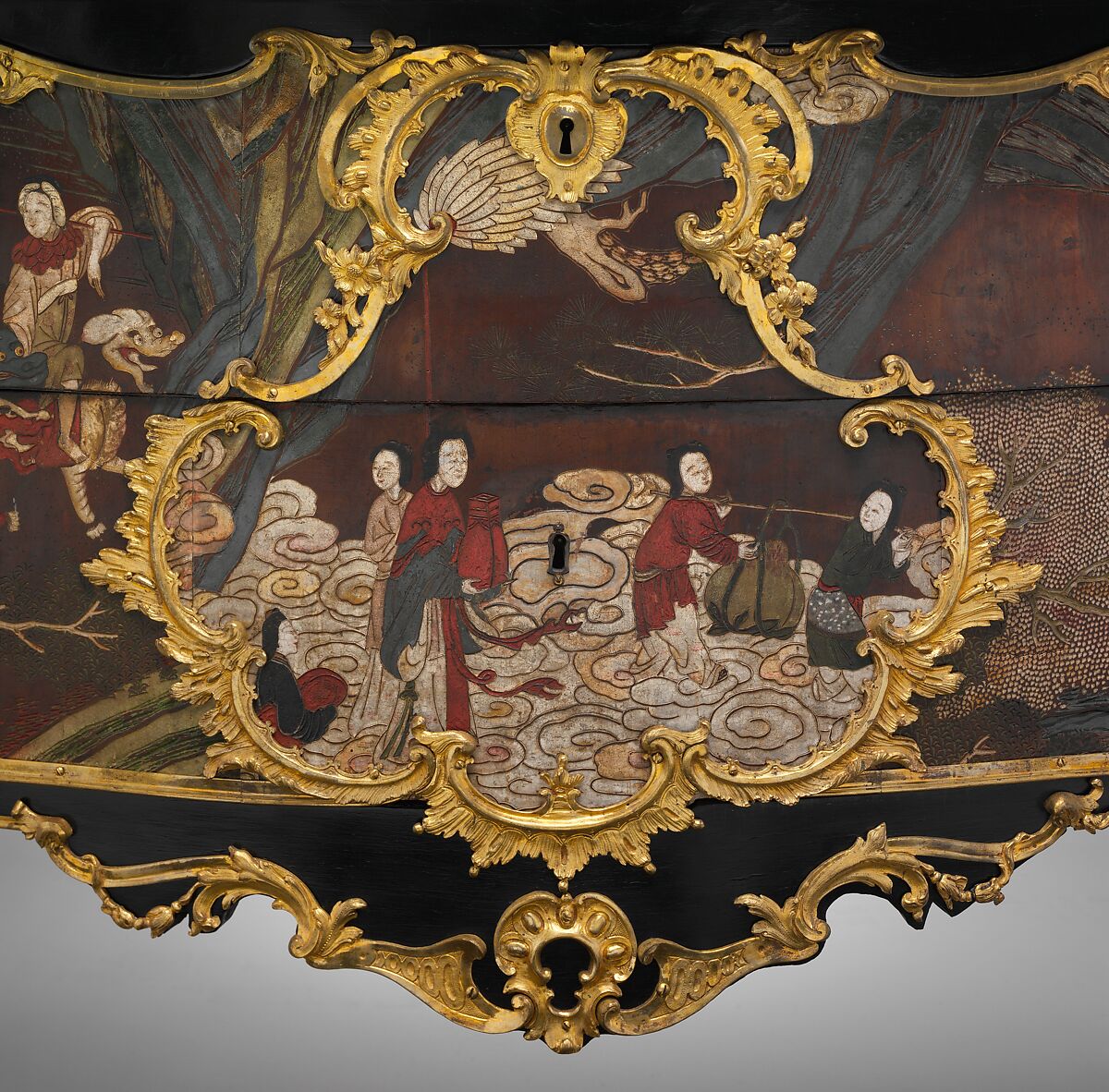 Commode, Bernard II van Risenburgh (ca. 1696–ca. 1767), Oak veneered with panels of Chinese Coromandel lacquer and European black-lacquered veneer; gilt-bronze mounts; brèche d'Alep marble top, French, Paris