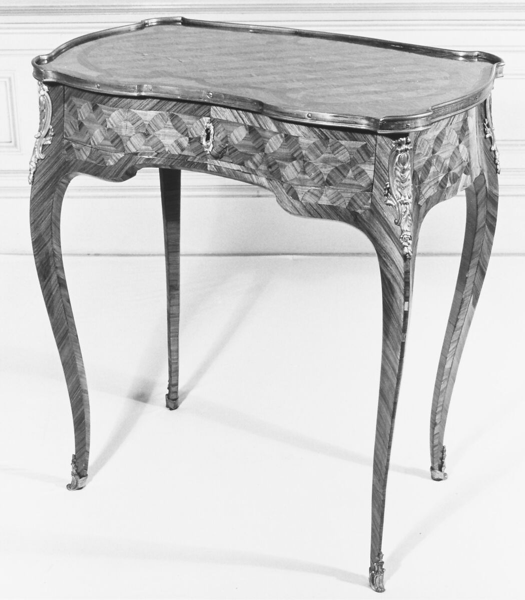 Oblong table, Roger Vandercruse, called Lacroix (French, 1727–1799), Tulipwood and satiné wood with oak and walnut substrate; brass mounts; leather, French, Paris 
