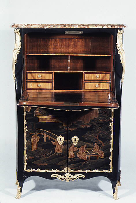 Upright secretary, Pierre Macret (1727–after 1796), Lacquer, satinéwood, tulipwood and purplewood; brèche d'Alep marble, French