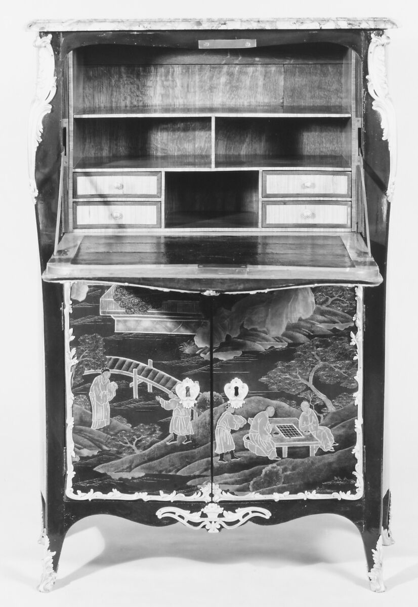 Upright secretary, Pierre Macret (1727–after 1796), Lacquer, satinéwood, tulipwood and purplewood; brèche d'Alep marble, French