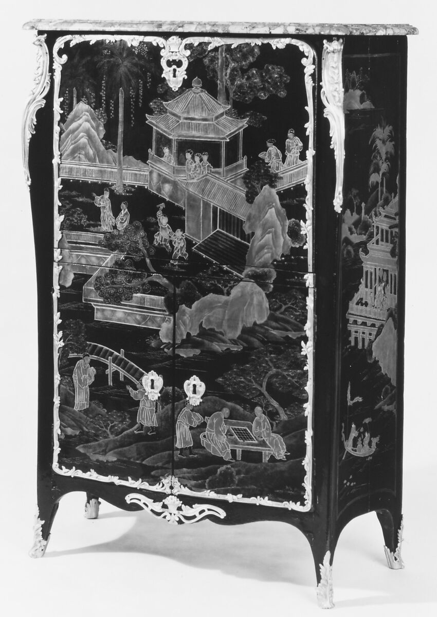 Upright secretary, Pierre Macret (1727–after 1796), Lacquer, satinéwood, tulipwood and purplewood; brèche d'Alep marble, French