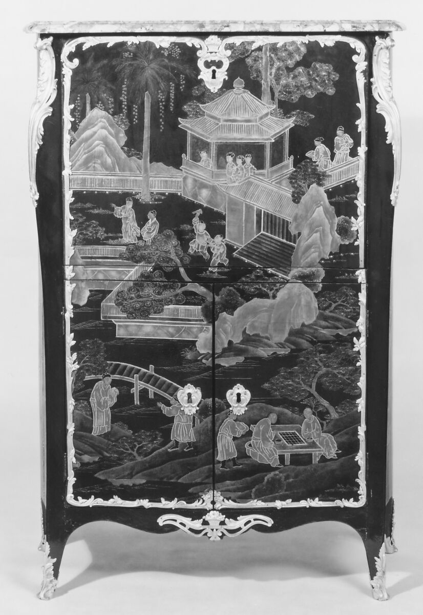 Upright secretary, Pierre Macret (1727–after 1796), Lacquer, satinéwood, tulipwood and purplewood; brèche d'Alep marble, French