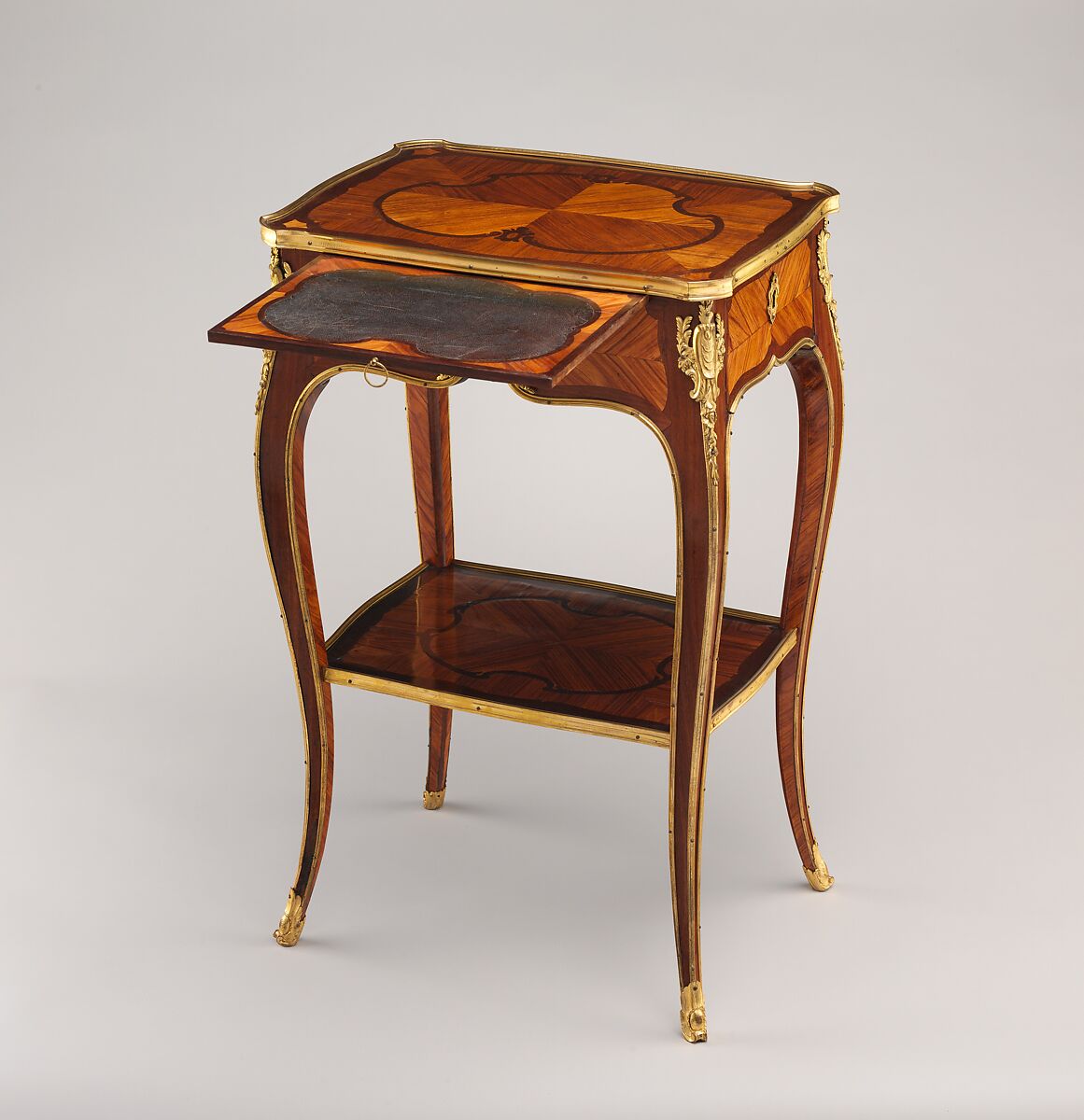 Small writing table, Antoine-Mathieu Criaerd (French, 1724–1787), Oak veneered with tulipwood and amaranth, gilt bronze, leather, French, Paris