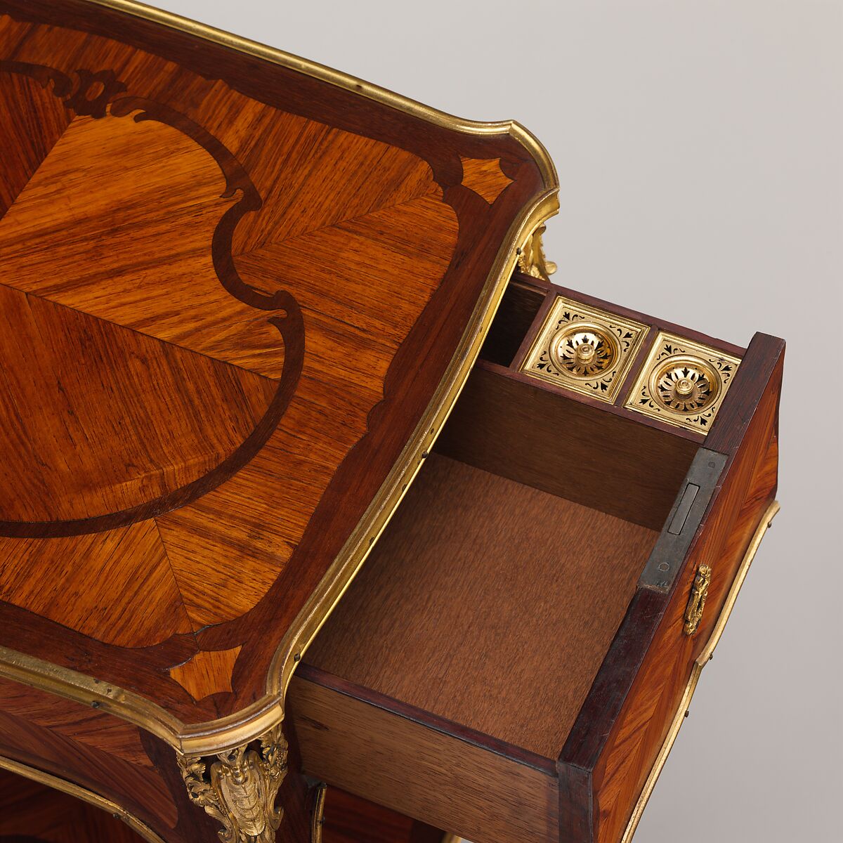 Small writing table, Antoine-Mathieu Criaerd (French, 1724–1787), Oak veneered with tulipwood and amaranth, gilt bronze, leather, French, Paris