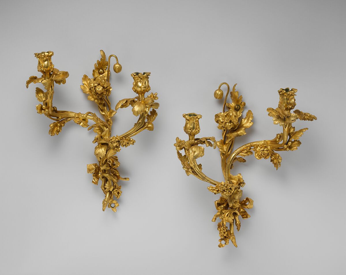 Pair of two-light wall brackets, Gilt bronze, French