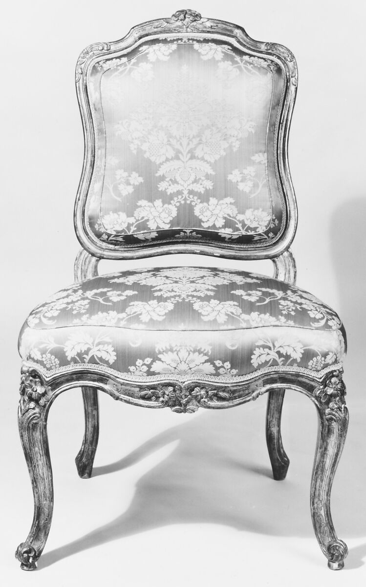 Set of four side chairs, Jean-Baptiste Gourdin (French, 1723–1781), Carved, gilded and painted walnut, blue-green damask upholstery, French, Paris 