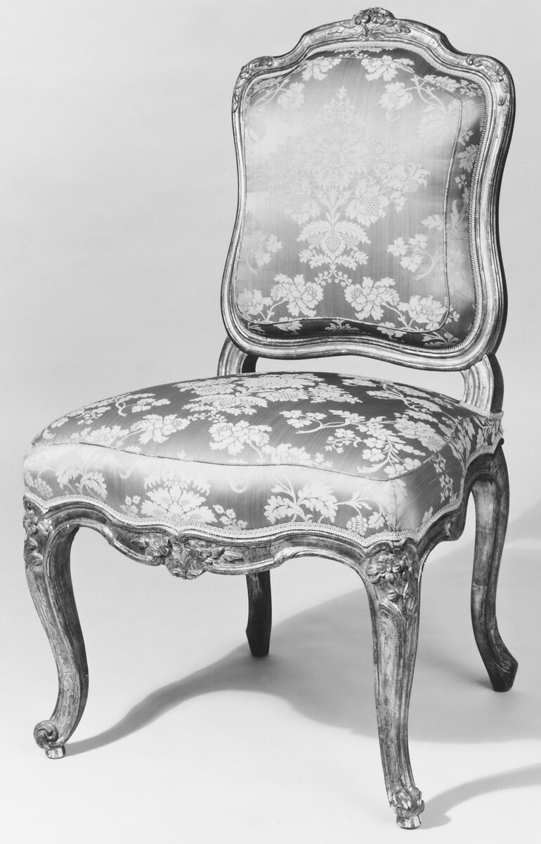 Set of four side chairs, Jean-Baptiste Gourdin (French, 1723–1781), Carved, gilded and painted walnut, blue-green damask upholstery, French, Paris