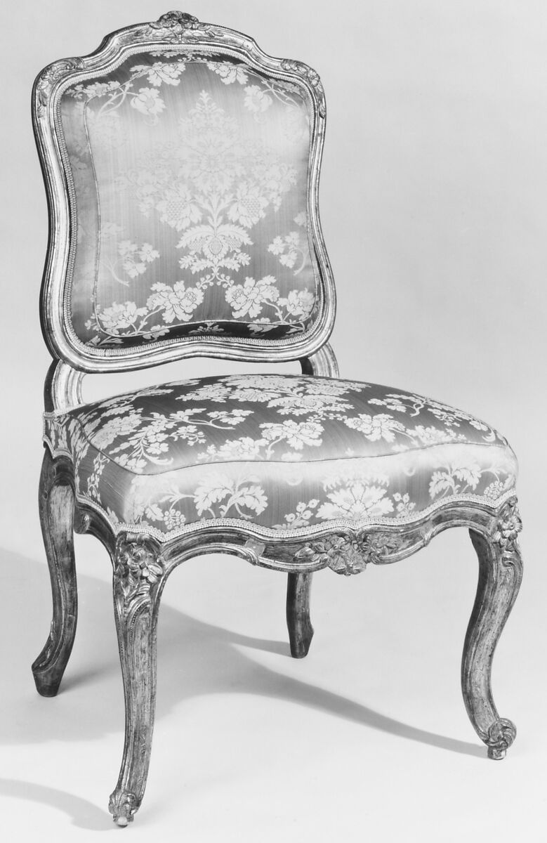 Set of four side chairs, Jean-Baptiste Gourdin (French, 1723–1781), Carved, gilded and painted walnut, blue-green damask upholstery, French, Paris