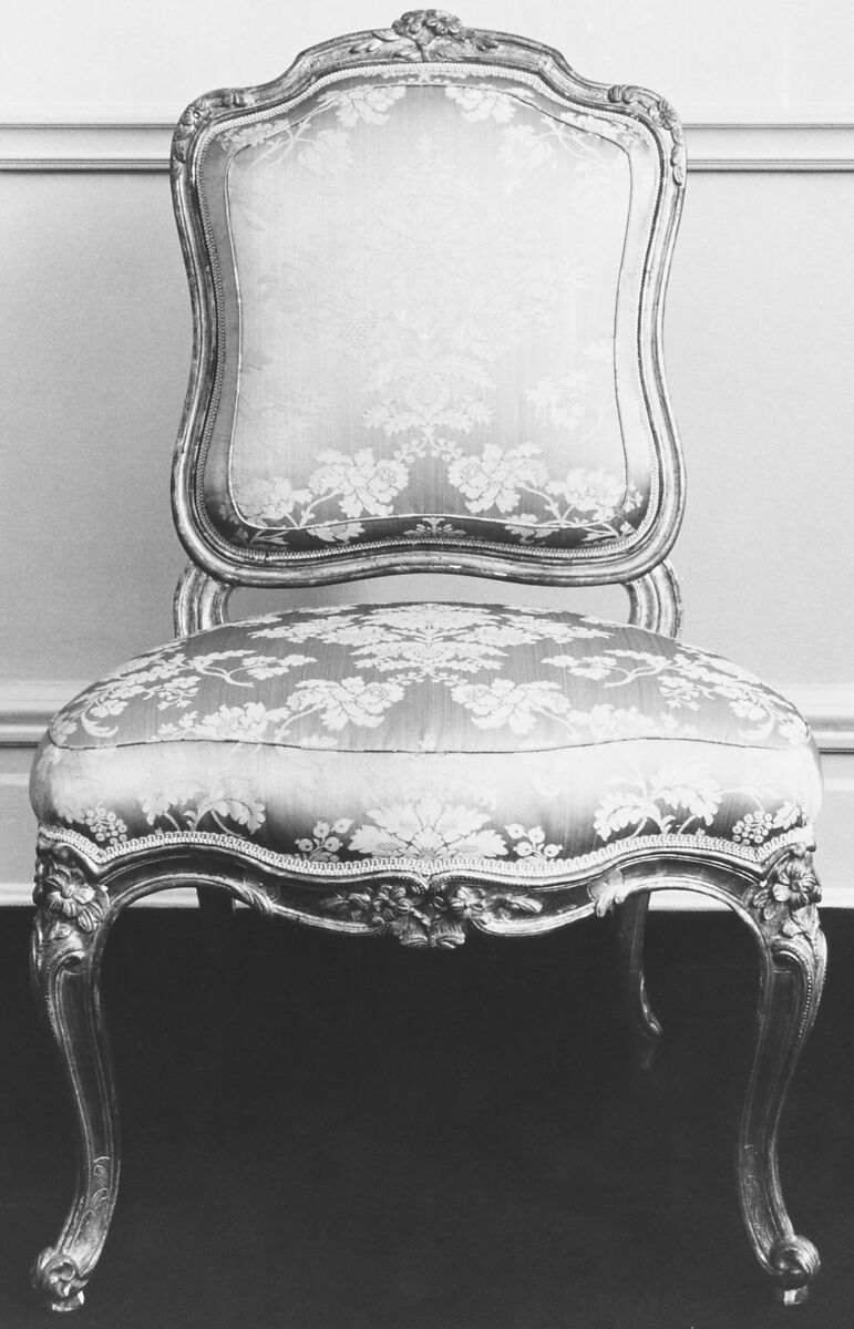 Set of four side chairs, Jean-Baptiste Gourdin (French, 1723–1781), Carved, gilded and painted walnut, blue-green damask upholstery, French, Paris