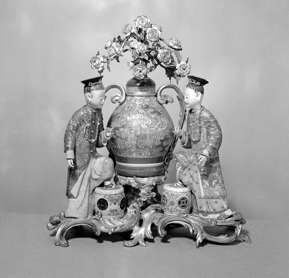 Famille rose figures, Hard-paste porcelain, gilt-bronze mounts, Chinese, Japanese, and European with French mounts