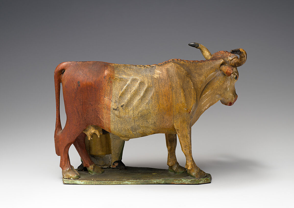 Girl milking a cow, Polychromed lindenwood, German, Provincial