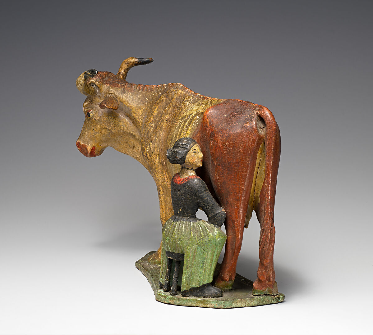 Girl milking a cow, Polychromed lindenwood, German, Provincial