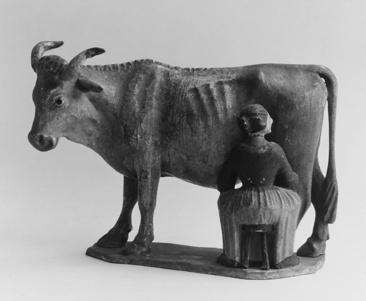 Girl milking a cow, Polychromed lindenwood, German, Provincial 