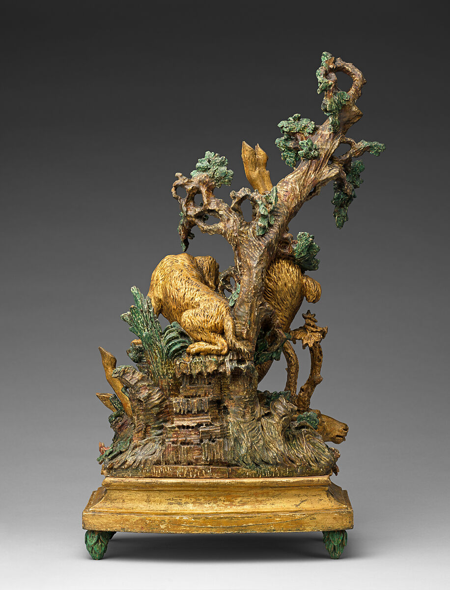 Dead stag and a hound, Attributed to Ferdinand Tietz (Austrian, 1708–1777), Polychromed and gilded wood, German, Franconia