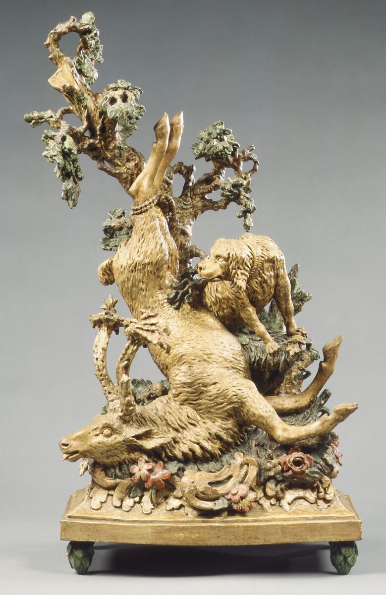 Dead stag and a hound, Attributed to Ferdinand Tietz (Austrian, 1708–1777), Polychromed and gilded wood, German, Franconia 