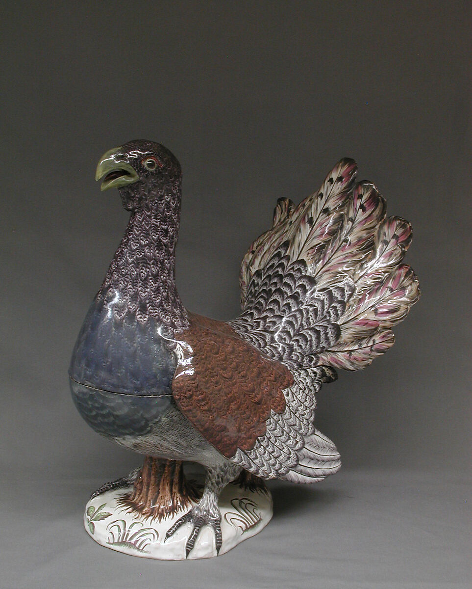 Tureen in the form of a capercaillie, Faience (tin-glazed earthenware), French, Strasbourg 