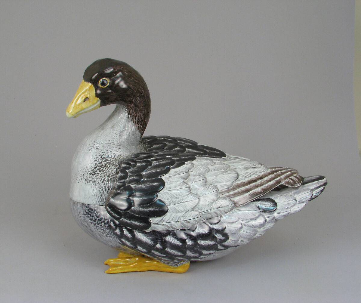 Tureen in the form of a goose (one of a pair), Faience (tin-glazed earthenware), German, Strasbourg 