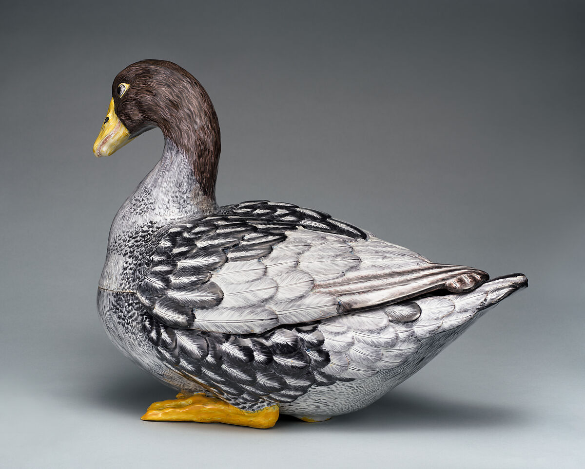 Tureen in the form of a goose (one of a pair), Faience (tin-glazed earthenware), German, Strasbourg