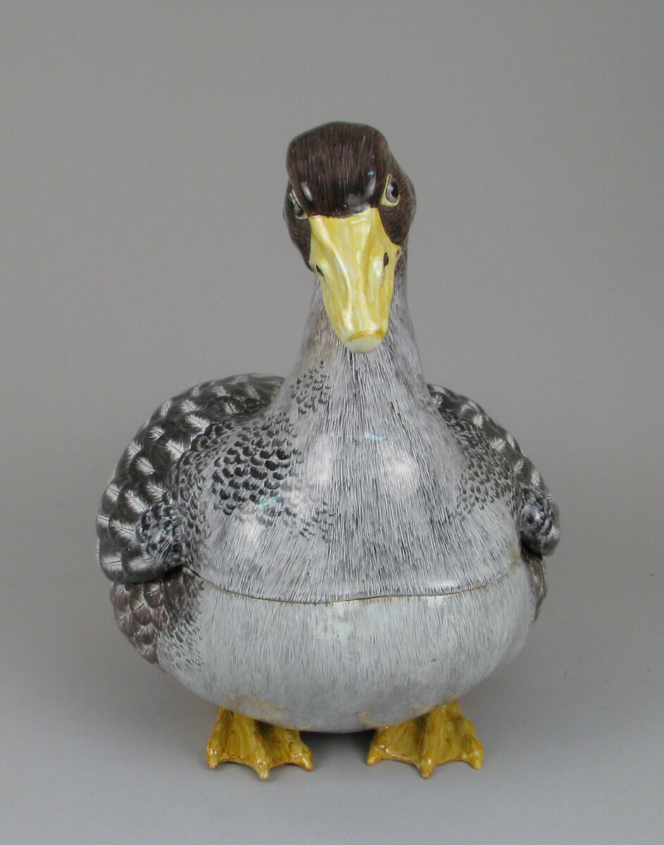 Tureen in the form of a goose (one of a pair), Faience (tin-glazed earthenware), German, Strasbourg