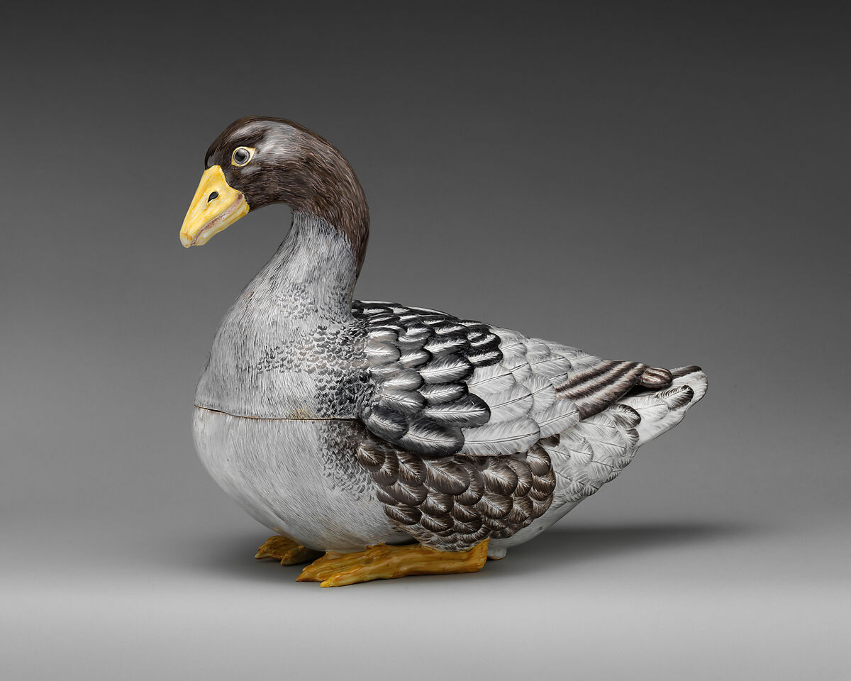 Tureen in the form of a goose (one of a pair), Faience (tin-glazed earthenware), German, Strasbourg