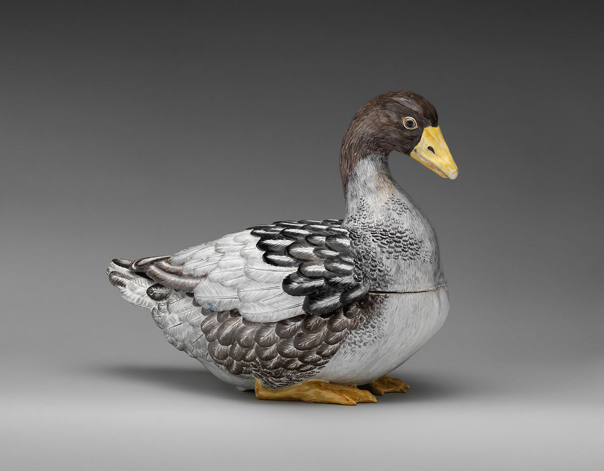 Tureen in the form of a goose (one of a pair), Faience (tin-glazed earthenware), German, Strasbourg 