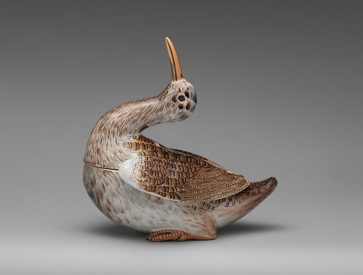 Tureen in the form of a woodcock, Tin-glazed earthenware, German, Höchst