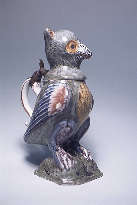 Inkwell in the form of an owl, Faience (tn-glazed earthenware), French, Rouen 