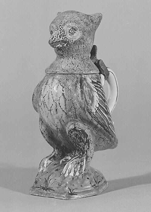 Inkwell in the form of an owl, Faience (tn-glazed earthenware), French, Rouen