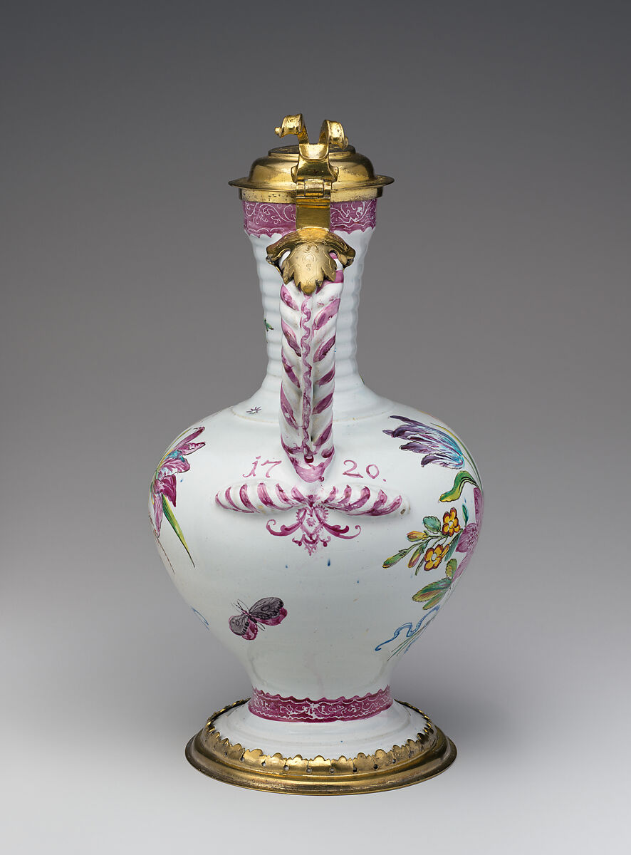Jug, Bartholomäus Seuter (German, 1678–1754, active Augsburg), Tin-glazed earthenware, silver-gilt, German, Augsburg