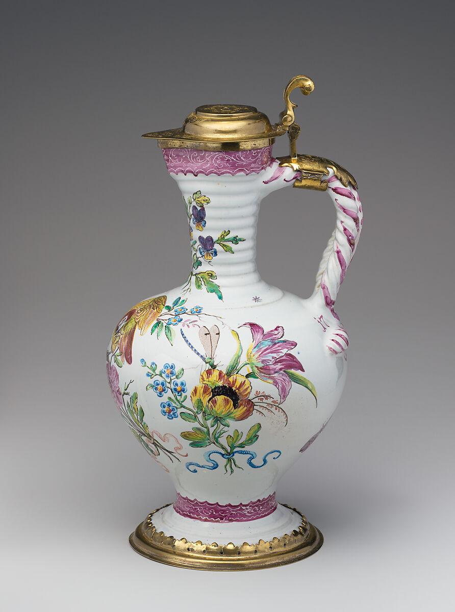 Jug, Bartholomäus Seuter (German, 1678–1754, active Augsburg), Tin-glazed earthenware, silver-gilt, German, Augsburg