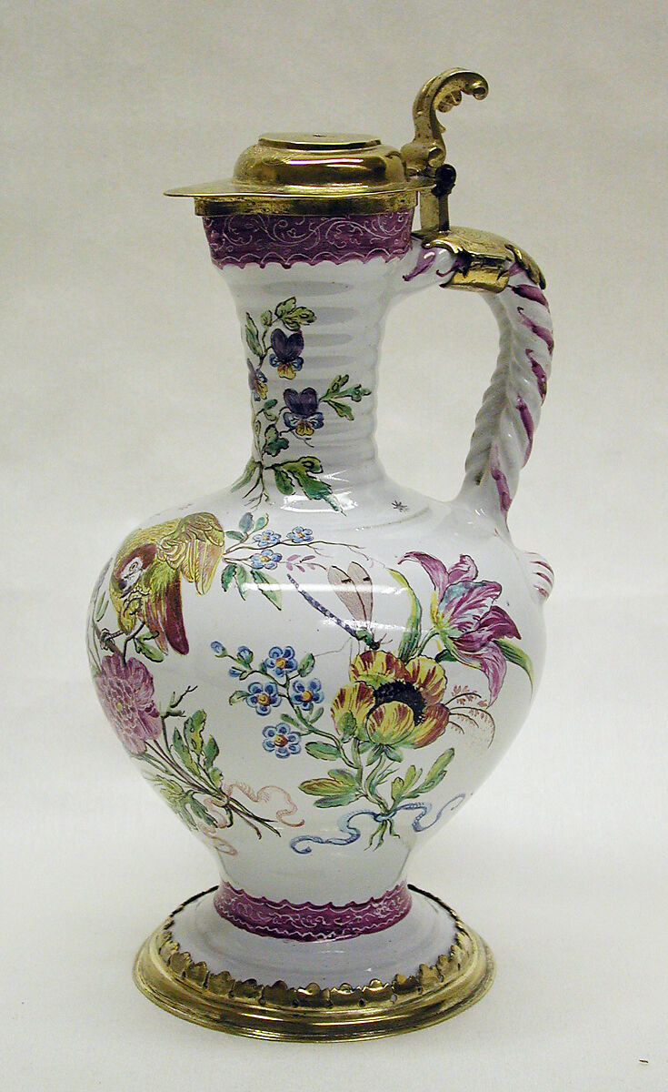 Jug, Bartholomäus Seuter (German, 1678–1754, active Augsburg), Tin-glazed earthenware, silver-gilt, German, Augsburg 